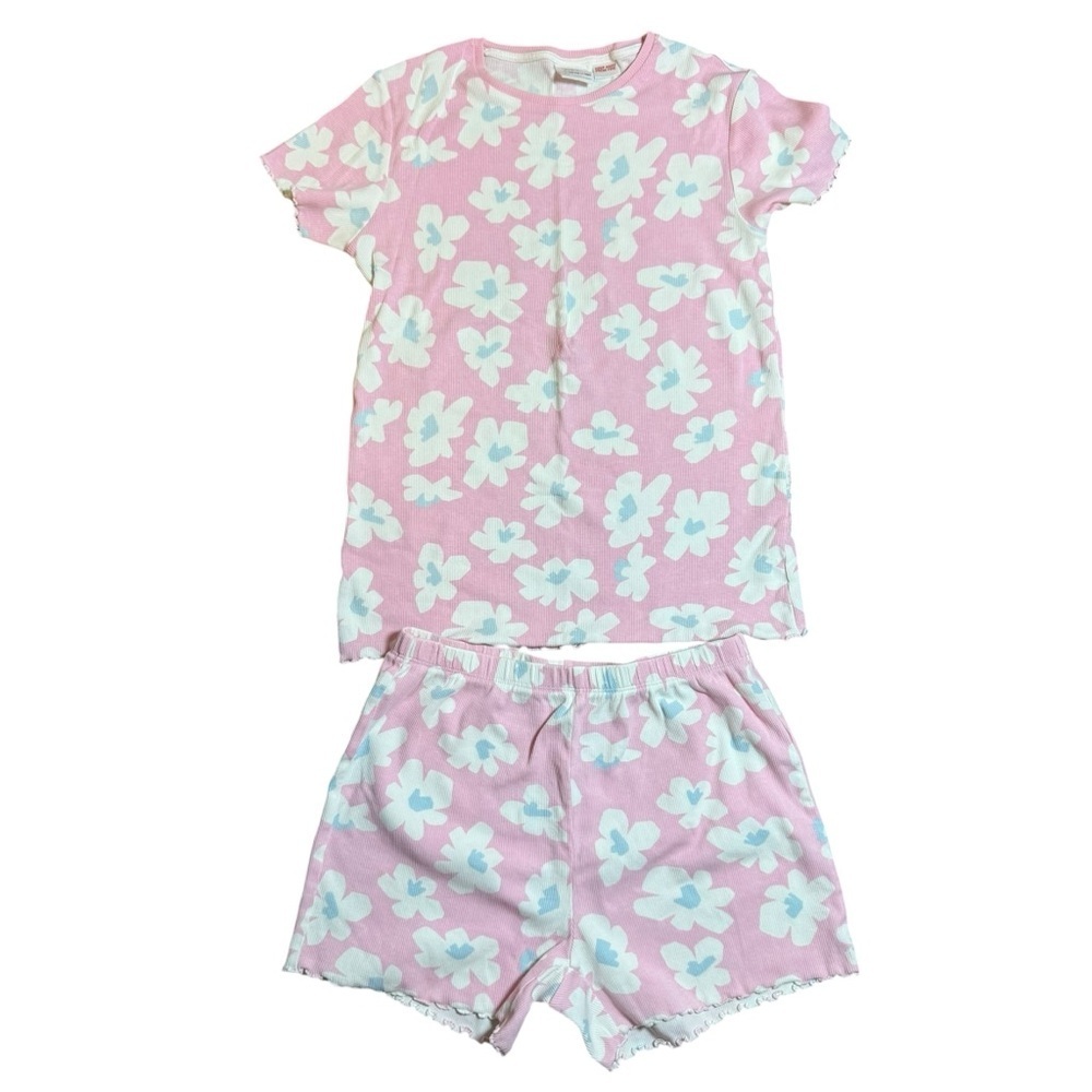 ZARA Girls Floral Pajama Set Pink Ribbed 2-Piece Short Sleeve Size 13-14